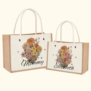 Discover Personalised Watercolour Birth Flower Bouquet Jute Tote Bag with Name Large Capacity Travel Accessory Mother's Day Birthday Gift for Grandma Mom