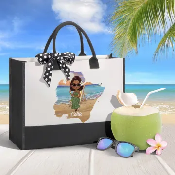 Discover Personalised Sunny Beach Style Cute Cartoon Girl Large Canvas Tote Bag with Name Birthday Holiday Party Gift for Women
