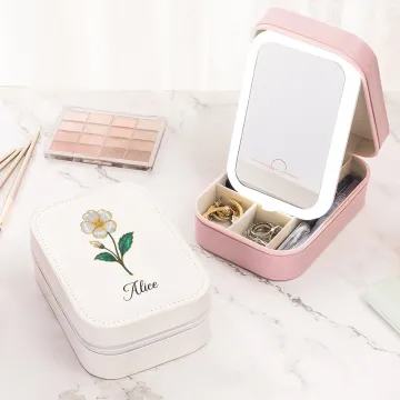 Discover Personalised Birth Flower PU Leather Jewellery Box with Name and LED Three-Colour Makeup Mirror Travel Use Birthday Gift for Friend  Mom