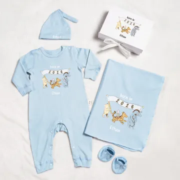 Discover Personalized Classic Winnie the Pooh 100% Cotton Baby Romper Hat Blanket Outfit with Name Year Coming Home Baby Shower Gift for Newborn