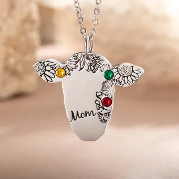 Discover Personalised Retro Bohemian Sunflower Floral Cow Necklace with Birthstone and Engraved Name Western Jewellery Birthday Mother's Day Gift for Cowgirl Mom