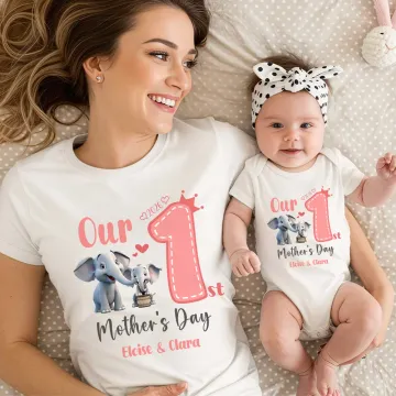 Discover Personalized Cute Elephant 1st Mother's Day 100% Cotton T-shirt Baby Bodysuit with Name Birthday Gift for Baby Mom