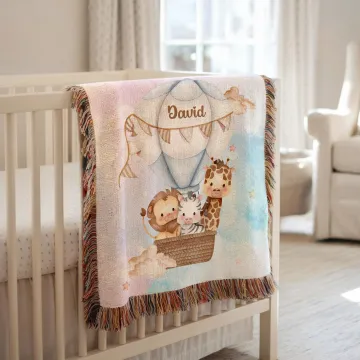 Discover Personalised Watercolour Balloon Animal Soft Tassel Blanket with Name Home Decor Birthday Gift for Kids Family