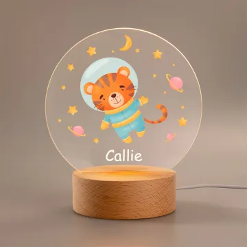 Discover Personalised Cute Animal Space Astronaut Stars Planet LED Night Light with Wooden Base and Name Nursery Decor Birthday Holiday Gift for Kids