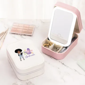 Discover Personalised Fashion Cartoon Girl Floral Birthstone Name Jewellery Box with Adjustable LED Makeup Mirror Travel Essentials Birthday Gift for Women