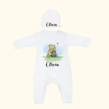 Discover Personalized Classic Winnie the Pooh Baby Romper Set with Hat and Gloves Coming Home Outfit