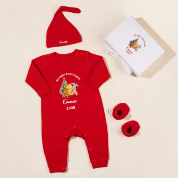 Discover Personalized Classic Winnie the Pooh 100% Cotton Baby Romper Hat Outfit with Hamper Name Year Baby's 1st Christmas Baby Shower Gift for Newborn