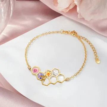 Discover Personalised 1-12 Birth Flowers Bee Honeycomb Bracelet Dainty Jewellery Birthday Mother's Day Gift for Women