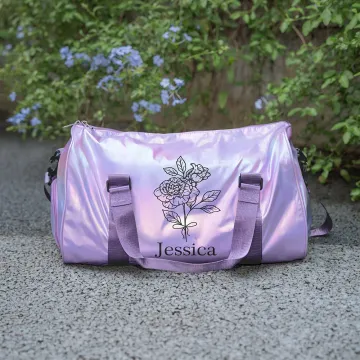 Discover Personalised Holographic Waterproof Birth Flower Name Weekend Bag with Shoulder Strap Travel Essentials Birthday Gift for Girls Women