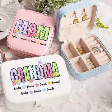 Discover Personalised Colourful Flower Title Multi-compartment Leather Jewellery Box with 1-12 Names Birthday Mother's Day Gift for Mom Grandma