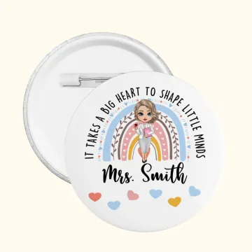 Discover Personalised It Takes A Big Heart Cartoon Rainbow Pin Button Badge with Name Appreciation Birthday Gift for Teacher