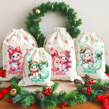 Discover Personalised Cute Cartoon Santa Hat Snowman Initial Canvas Drawstring Gift Bag with Name Christmas Gift for Friends Family