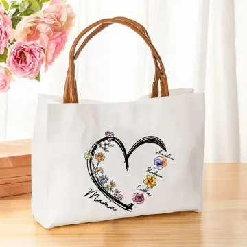 Discover Personalised Heart Watercolour Birth Flower Canvas Tote Bag with 1-6 Kid Names and Leather Handle Birthday Mother's Day Gift for Mom Grandma