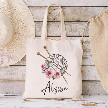 Discover Personalised Birth Flower Yarn Ball Reusable Canvas Bag with Name Travel Accessories Birthday Holiday Gift for Knitting Lovers