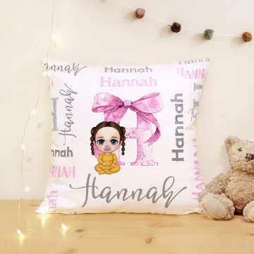 Discover Personalised Cute Cartoon Baby Bow Initial Soft Throw Pillow Cover with Name Home Decor Baby Shower Gift for Newborn New Mom