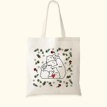 Discover Personalised Love Hugging Bear Family Canvas Tote Bag with Birth Flower and 2-9 Names Birthday Anniversary Mother's Day Gift for Her