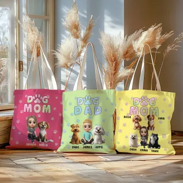 Discover Personalised 3D Cartoon Character and 1-4 Dogs Multicolour Canvas Bag with Name Anniversary Birthday Gift for Friends Family Pet Lovers