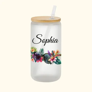 Discover Personalised Floral Sunglasses Beach Chair Flip Flops 20oz Frosted Name Glass Tumbler with Bamboo Lid and Straw Birthday Summer Holiday Gift for Her