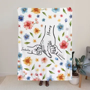 Discover Personalised Holding Mommy's Hand Watercolour Flower Soft Cozy Blanket with Names Mother's Day Birthday Gift for Mom Grandma