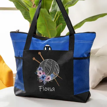 Discover Personalised Birth Flower Yarn Ball Mesh Pockets Oxford Tote Bag with Name and Zipper Travel Accessories Birthday Holiday Gift for Knitting Lovers