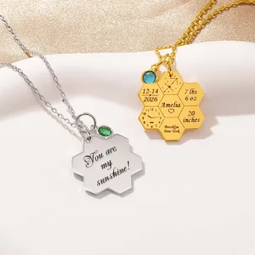Discover Personalised Baby Birth Stats Honeycomb Necklace with Birthstone Newborn Birth Announcement Christmas Mother's Day Gift for New Mom