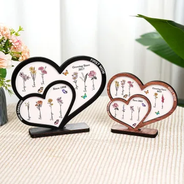 Discover Personalised First Mom Now Grandma Heart-Shaped Double-Layer Wooden Sign with Birth Flower and Name Mother's Day Birthday Gift for Mom Grandma