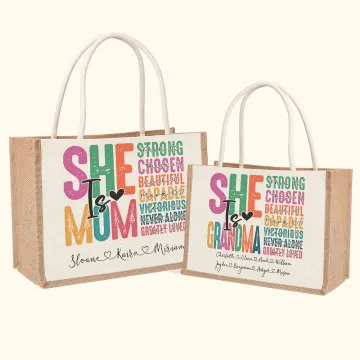 Discover Personalised Colourful She Is Strong Beautiful Jute Canvas Tote Bag With 1-16 Names Mother's Day Birthday Gift for Mom Grandma