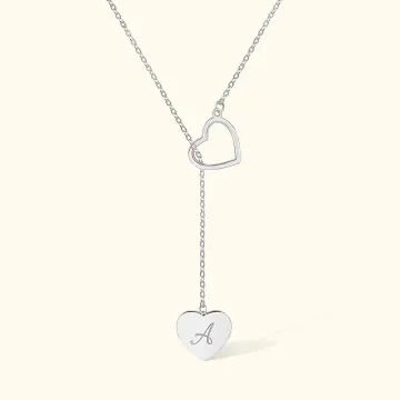 Discover Personalised Dainty Double Heart Lariat Sterling Silver Necklace with Engraved Initial Mother's Day Anniversary Gift for Women