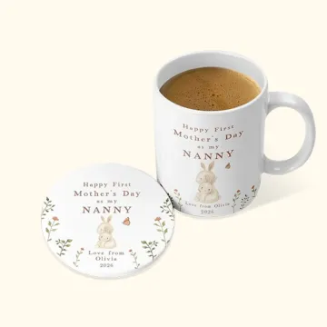 Discover Personalised Happy First Mother's Day 11oz Ceramic Coffee Mug and Coaster Set with Animals Hug Design Mother's Day Gift for Grandma Mom