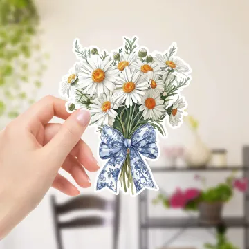 Discover Personalised Birth Flower Blue Bow Bouquet Waterproof Sticker with Initial Birthday Daily Use Gift for Book Lovers