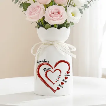 Discover Personalised Double Hearts Ceramic Vase with Names Mother's Day Birthday Gift for Grandma Mom