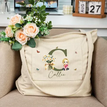Discover Personalised Birth Flower Bouquet Cartoon Character Corduroy Tote Bag with Initial and Name Daily Use Birthday Mother's Day Gift for Girl Women