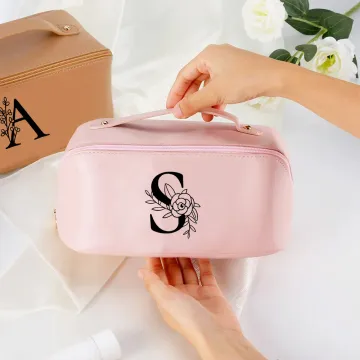 Discover Personalised Floral Initial Leather Makeup Bag with Handle Portable Travel Accessories Birthday Gift for Women