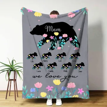 Discover Personalised Flower Bear Soft Throw Blanket with 1-8 Names Title Text Home Decor Birthday Mother's Day Gift for Mom Grandma