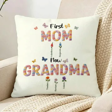 Discover Personalised Faux Yarn Effect Birth Flower First Mom Now Grandma Soft Cushion Cover with Names Mother's Day Gift for Mom Grandma