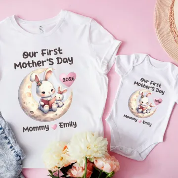 Discover Personalised Mummy Baby Animals Moon Storytime 100% Cotton Baby Bodysuit Matching T-shirt with Name First Mother's Day Gift for Newborn New Mom