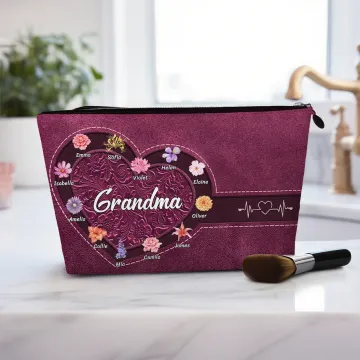 Discover Personalised Retro Heart Design 1-12 Birth Flowers Portable Makeup Bag with Name and Title Birthday Anniversary Christmas Gift for Mom Grandma
