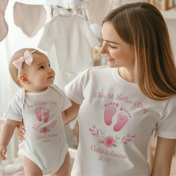 Discover Personalised Baby Footprint First Mother's Day Pure Cotton Mom T-shirt and Baby Bodysuit Set with Name Birthday Mother's Day Gift for Mother Baby