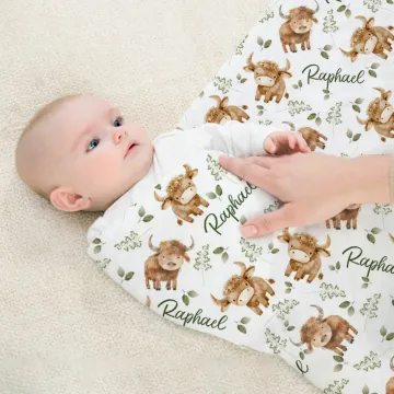 Discover Personalised Cute Highland Cow Green Leaves Baby Receiving Blanket Swaddle with Name Birthday Baby Shower Gift for Newborns
