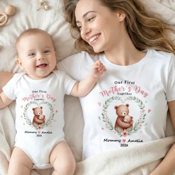 Discover Personalised Cute Animal Mom Baby Floral Heart 100% Cotton T-shirt Baby Bodysuit with Name First Mother's Day Gift for Baby Mom