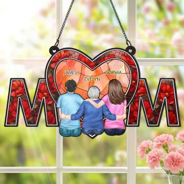 Discover Personalised Cartoon Character Back View Heart Mom Window Hanging Suncatcher with Names Home Decor Mother's Day Birthday Gift for Woman