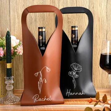 Discover Personalised Birth Flower PU Leather Wine Bag with Name and Handle Protective Wine Accessories Birthday Party Gift for Wine Lover