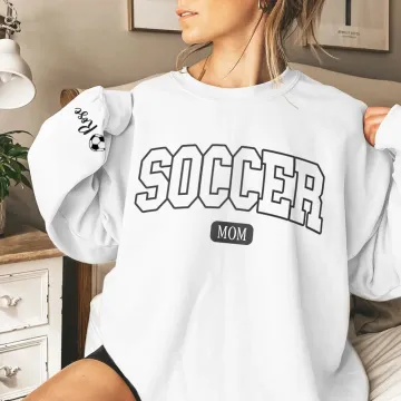 Discover Personalised Multicolour Soccer Mom Dad Crewneck Sweatshirt Hoodie with 1 - 6 Kid Names Birthday Sports Event Cheer Accessories Gift for Family