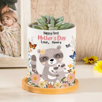 Discover Personalised Cartoon Mom-Child Animal Ceramic Planter Pot with Name and Bamboo Tray Home Decor Happy Mother's Day Gift for Mom