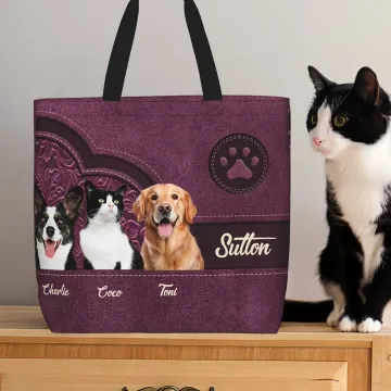 Discover Personalised Retro Pattern 1-3 Pet Photos Paw Print Large Tote Bag with Name Birthday Gift for Dog Mom Pet Lovers