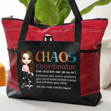 Discover Personalised Chaos Coordinator Cartoon Character Large Zippered Tote Bag with Name Birthday Appreciation Mother's Day Gift for Women