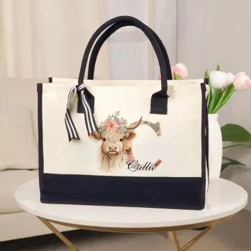 Discover Personalised Flower Highland Cow Large Canvas Tote Bag with Name and Ribbon Travel Essentials Birthday Mother's Day Gift for Mon Grandma Women