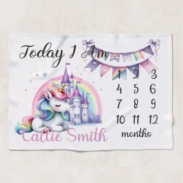 Discover Personalised Castle Fantasy Unicorn Today I Am Soft Monthly Milestone Blanket with Name Nursery Room Decor Birthday Baby Shower Gift for Newborn Girl