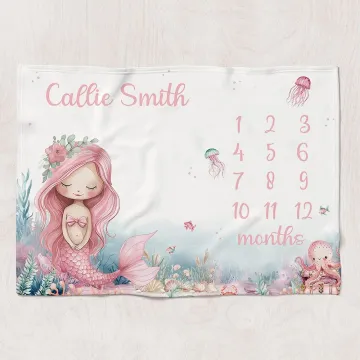 Discover Personalised Pink Mermaid Princess Monthly Milestone Blanket with Name Cute Nursery Decor Baby Shower Birthday Gift for Newborns Baby Girls