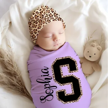 Discover Personalised Leopard Initial Name 100% Cotton Swaddle and Knot Hat Set Baby Shower Birthday Gift for Newborns